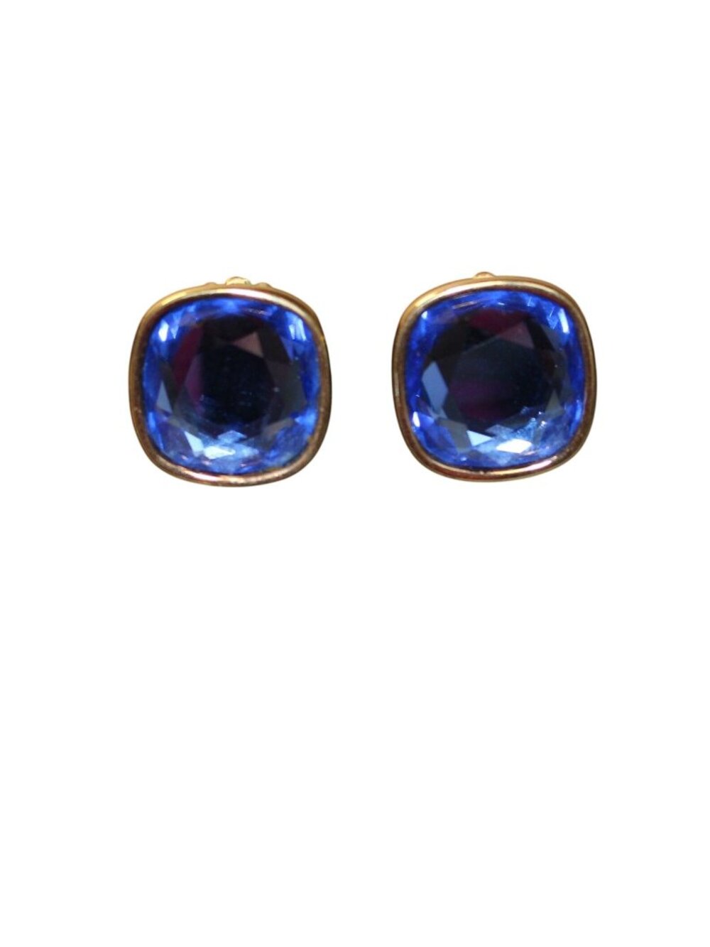 Vtg Swarovski SAL Signed Sapphire Blue Crystal Cushion Gold-Tone Clip On